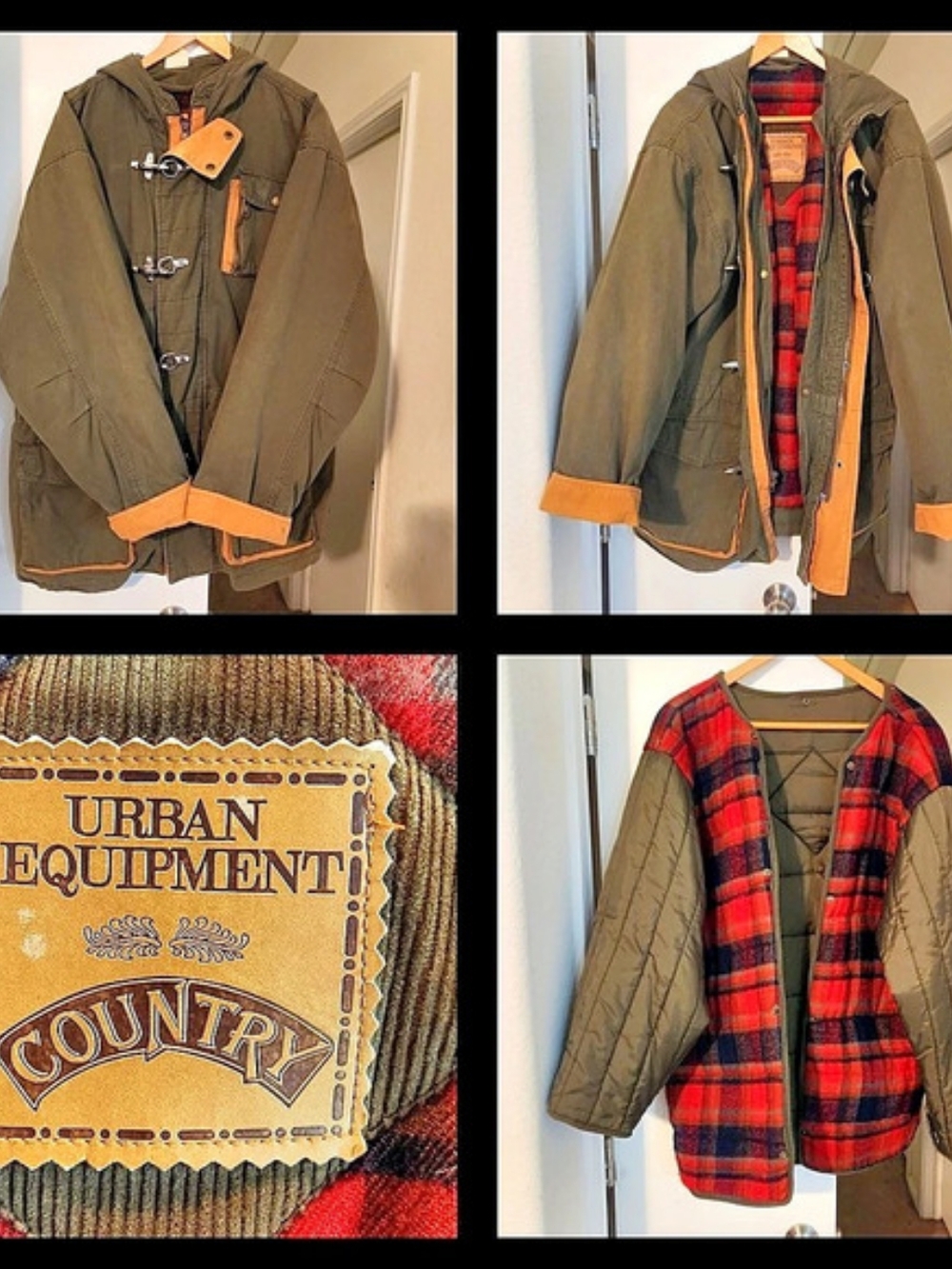 Vtg Urban Equipment Country Fireman Jacket L XL Green Hood Clasps Parka Distress